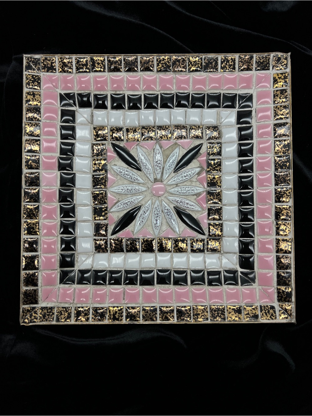 Decorative Mosaic Glass Tray Dish Pink Black Gold Accent 7.5”
